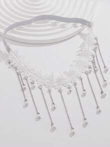 1 件时尚性感女士腿链，蕾丝流苏仿珍珠腿手链，弹性大腿链吊袜带，适合海滩、旅行、度假、狂欢 - 白色 - 查看 8