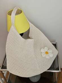 Hollow Knit Tote Bag, Large Capacity Women Handbag Beach Bag, Unlined, Polyester Fiber, Suitable For Summer Beach Leisure, Single Party Gift