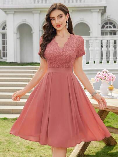 MIUSOL Elegant V-Neck Floral Lace Pleated Hem Chiffon Prom Party Swing Dress,For Wedding Guest,Prom,Vacation,Graduation