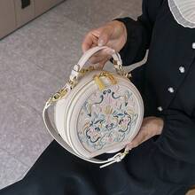 Delicate Embroidery Graphic Round Shoulder Bag Fashion Literary Commuter Party Handbag - White - View 3