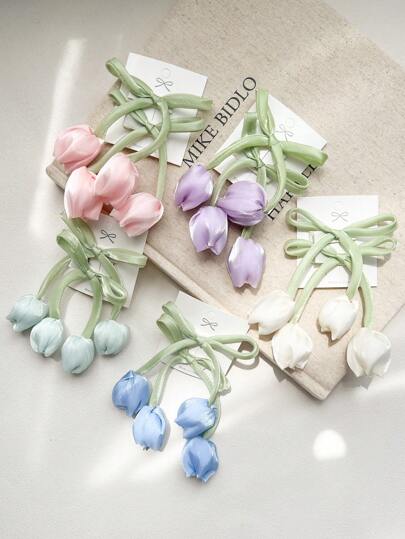 2개 여성 패션 스위트 핑크 나비매듭 튤립 꽃 헤어 클립, 우아한 공주 스타일 사이드 클립 그물 나비매듭 노트 태슬 꽃 헤어 액세서리, 일상 사용, 사진 촬영에 적합