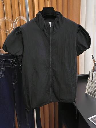 秋冬女士短袖夹克外套，新款时尚纯色独特中式立领泡泡袖，轻薄宽松短袖，适合户外旅行、徒步、日常通勤，百搭造型