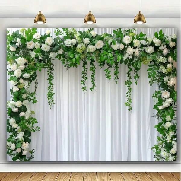 1 stuk bloemenkrans als achtergrond voor een bruiloft. Het heeft een elegant bloemenmotief met witte gordijnen en weelderig groen, perfect voor bruiloften in de buitenlucht, fotohokjes en verjaardagsdecoraties.