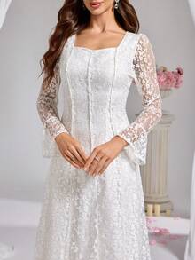 女式新款蕾丝长款喇叭袖奢华优雅连衣裙