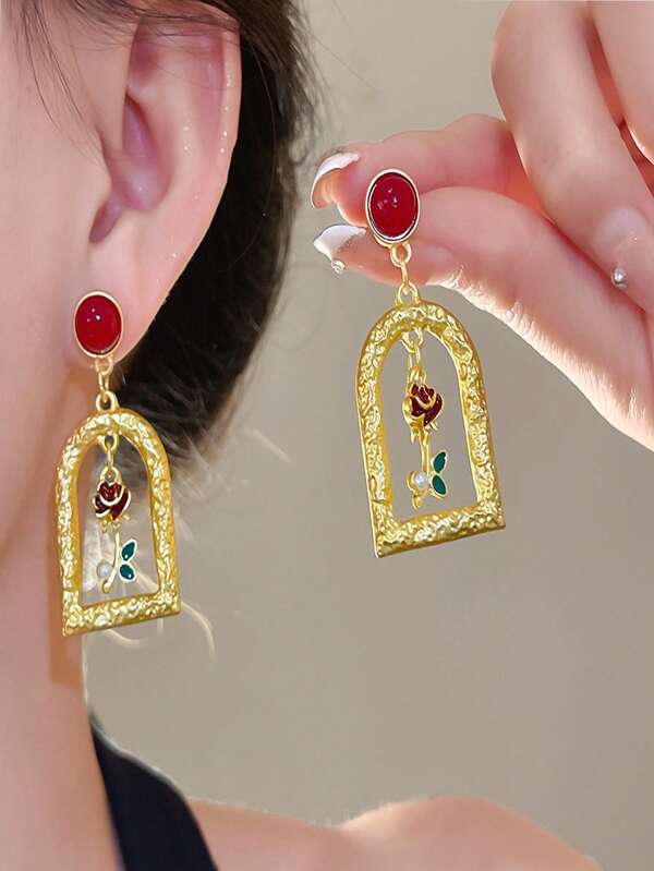 Vintage Enamel Flower Petal Drop Earrings, Retro Luxury Boutique Style