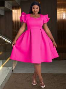 大码女式甜心领盖袖褶皱秋千生日派对毕业礼服，适合生日、婚礼宾客、毕业典礼、晚宴、返校节