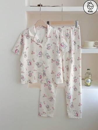 Disney 2pcs/Set The Aristocats Kids Pajama Set, Cat Print Short Sleeve Top And Long Pants