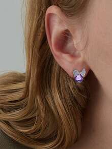 925 纯银防过敏方晶锆石蝴蝶耳钉，时尚优雅，可作为生日礼物 - 銀色 - 查看 2