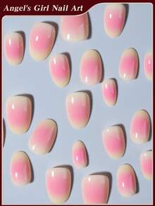 探索指甲魅力的魔力，24 件短椭圆形法式尖头按压指甲，渐变腮红设计，易于佩戴的丙烯酸假指甲套装，包含 1 件果冻胶和 1 件指甲锉，适合女性和女孩的日常生活和各种派对使用