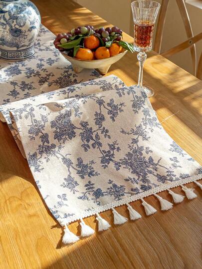 1 pieza Camino de mesa rectangular con estampado floral y tema de plantas, con decoración de flecos, adecuado para decoración del hogar, festividades y todas las estaciones, especialmente primavera