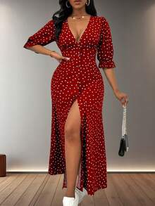 Elegante falda larga con botones y estampado de lunares de estilo bohemio retro, adecuada para uso diario, temperamento elegante y de moda, vestido adelgazante de cintura de alta gama. - Rojo - Ver 4