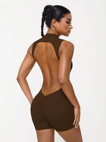 Sodalemon 女士露背加垫户外瑜伽健身房无袖弹力提臀训练休闲连体衣 - 咖啡棕 - 查看 7