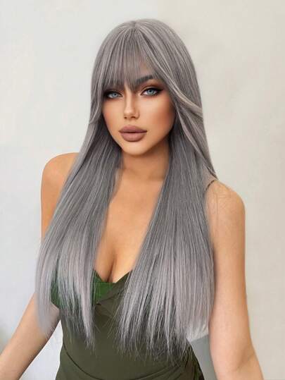 1-Piece Synthetic Heat Resistant Straight Hair With Bangs Princess Cut Wine Cyan Or Grey 26 Inch Fully Machine Woven Daily Natural Realistic Wig