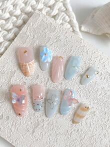 10pcs/Set Handmade Almond Shaped Carved Blue & Pink 3D Butterfly High-End French Shell Nail Art Tips, Reusable, Suitable For Girls, Birthday Parties And Elegant Daily Use, Comes With 1pc Jelly Glue And 1pc Nail File