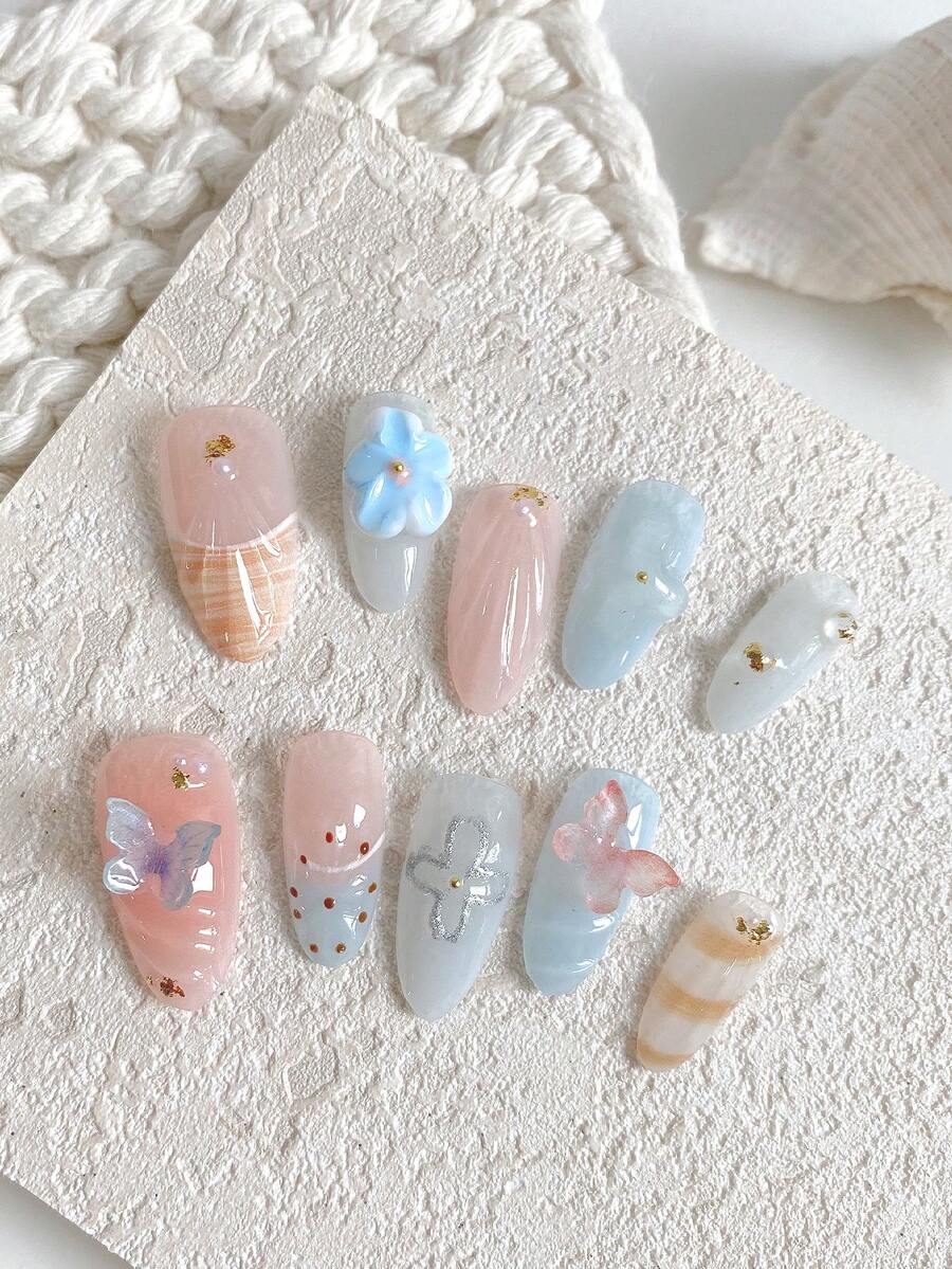 10pcs/Set Handmade Almond Shaped Carved Blue & Pink 3D Butterfly High-End French Shell Nail Art Tips, Reusable, Suitable For Girls, Birthday Parties And Elegant Daily Use, Comes With 1pc Jelly Glue And 1pc Nail File