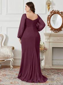 SUPGIR Plus Size Women's Chiffon Lantern Sleeve Elegant Ruched Diamond Decor Solid Color Dress, Bridesmaid Dress - Red Violet - View 2