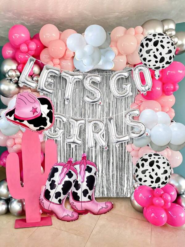 116pcs Western Disco Party Floral Arch Balloon Decoration Set, Includes Silver Letter Banner, Hot Pink, Burgundy, Silver Balloons, Pink Western Boots, Silver Tassel Curtains, Suitable For Western Theme Bachelorette, Nashville Bachelorette Party Supplies