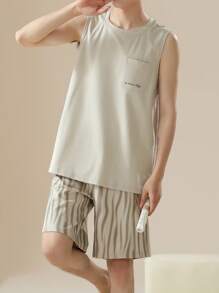 AICJ 2pcs Men Solid Color Casual Loose Minimalist Letter Print Tank Top & Shorts Pajama Set For Spring & Summer ,Vacation