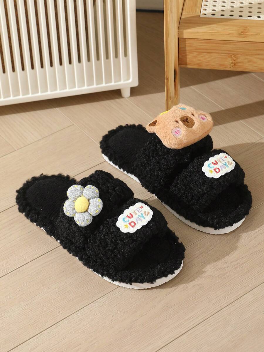 Mignons pantoufles ouvertes à l'orteil en forme d'ours de dessin animé, moelleuses, pour couple. Pantoufles d'intérieur non glissantes et silencieuses, convenant aux femmes enceintes, adaptées à toutes les saisons, printemps/automne