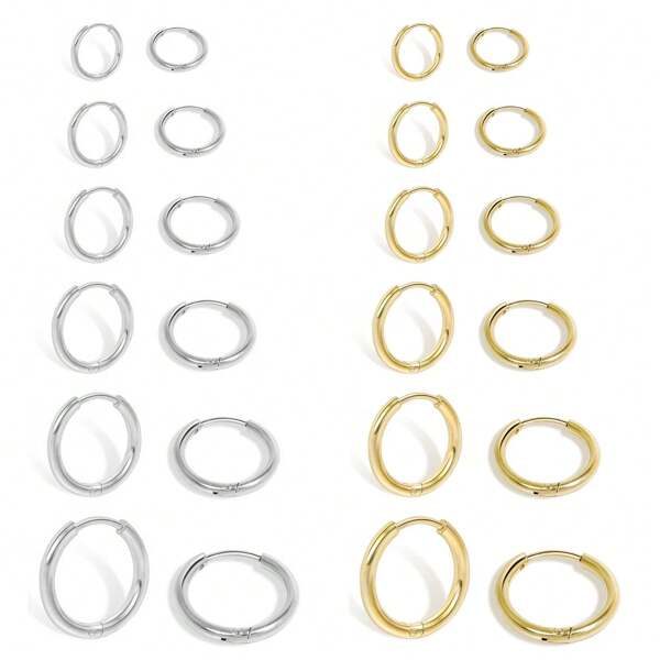 6 pares de pequeños pendientes tipo aro en color dorado para mujer, bañados en oro de 14K, hipoalergénicos y ligeros, ideales para orejas sensibles, sets de pendientes de aro apilables para perforaciones múltiples y cartílago