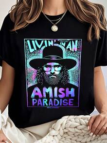 LIVIN' IN AN AMISH PARADISE T-Shirt        100% Cotton Summer T-Shirt For Women - 黑色 - 查看 1