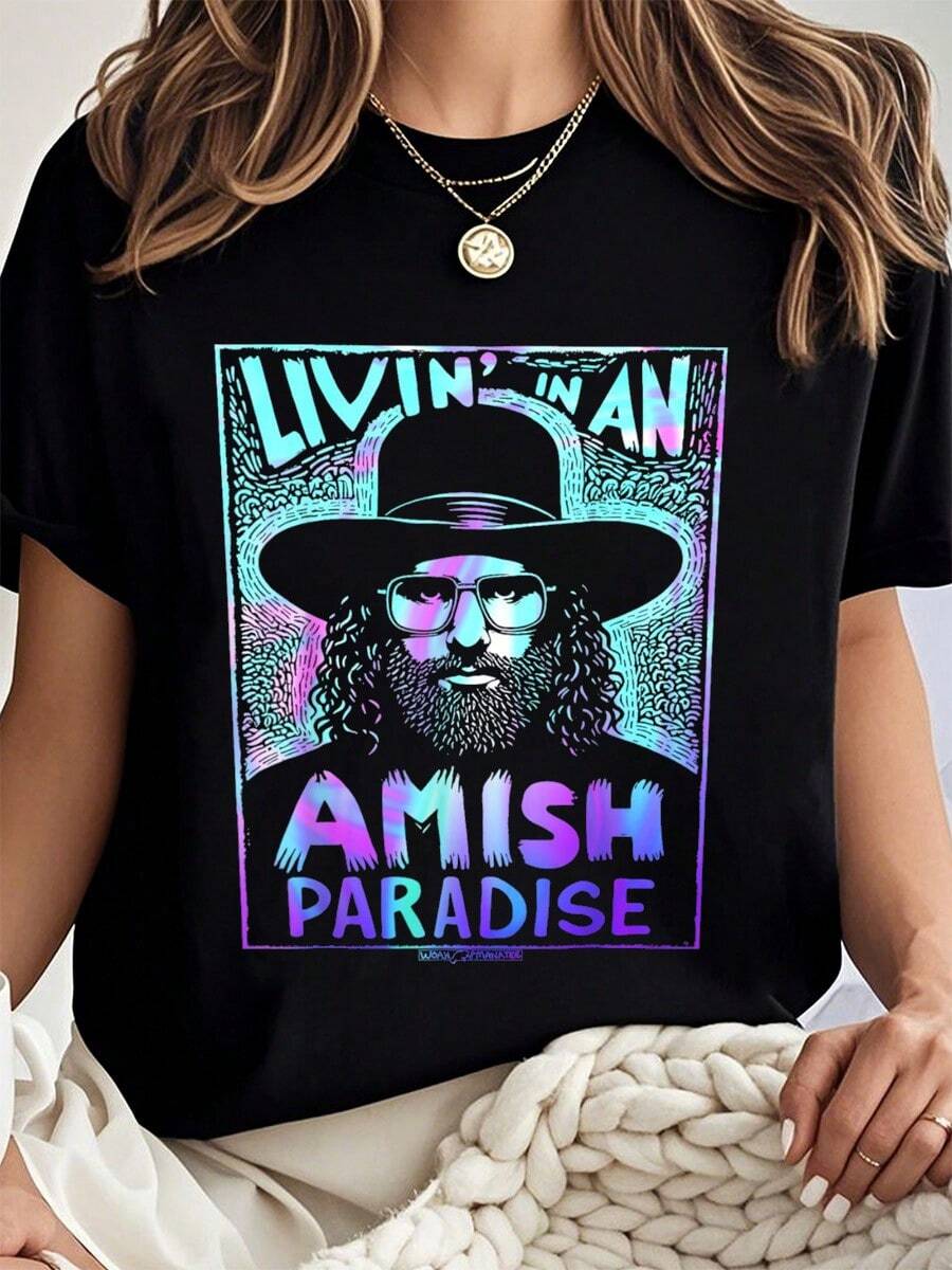 LIVIN' IN AN AMISH PARADISE T-Shirt        100% Cotton Summer T-Shirt For Women - 黑色 - 查看 1