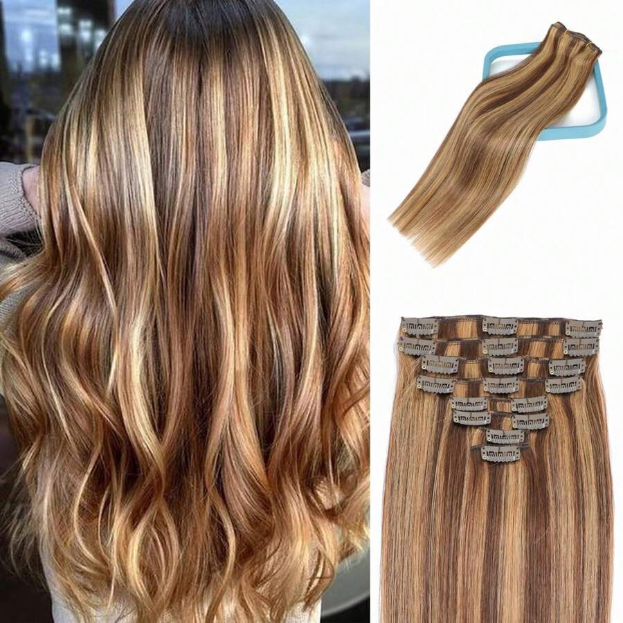 Straight Human Hair Clip Ins 8pcs Soft & Natural Double Weft For Women #P4/27 Chocolate Brown To Honey Blonde Hair Extensions Real Human Hair Clip Ins 16-28Inch - SP4/27 - Xem 1