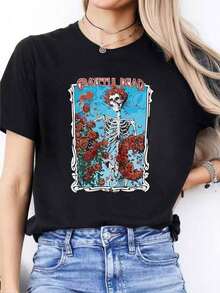 Grateful - Bertha & Logo Dead  ,Casual Print,Comfortable And Versatile,Letter Pattern Pure Cotton 220g Printed T-Shirt&High Street Printed T-ShirtSpring And Summer Popular Loose Simple T-Shirts  Printed T-Shirts - màu đen - Xem 1
