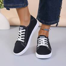 New Style Preppy 2025Style Black & White Outdoor Sports Shoes For Women, Round Toe & Classic Lace-Up Design, Casual Athleisure Sneakers