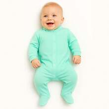Long Sleeve 100% Cotton Plain Green Jumpsuit For Baby - 綠色 - 查看 1
