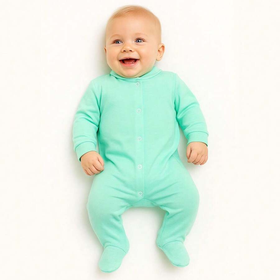 Long Sleeve 100% Cotton Plain Green Jumpsuit For Baby - 綠色 - 查看 1