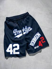 Pantalones cortos deportivos casuales de verano para hombres con corte holgado y estampado gráfico de letra de baloncesto