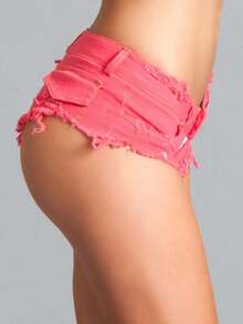 Low Rise Frayed Denim Micro Shorts – Stretch Fit – Distressed Edge – Zipper Closure – Summer Streetwear Staple - Bright Pink - View 2