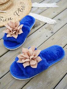 四季毛绒拖鞋，带蝴蝶结的温暖室内毛皮拖鞋，适合春、夏、秋、冬的白色保暖拖鞋 - 卡其色 - 查看 8