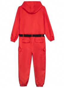 Koreanisches Film-/Spiel-Cosplay-Kostüm, rotes Jumpsuit-Set mit Kapuze, Hose, Handschuhen und Gürtel, 3-teilig