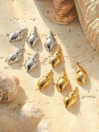 1pc 304 Stainless Steel 18K Gold Plated Textured Seashell Pendant, Fashionable & Durable Metal DIY Accessory, Suitable For Vacation