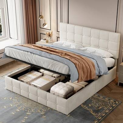  Flieks 4ft6 Double Upholstered Ottoman Lift Storage Bed Frame, Velvet Ottoman Storage Bed With Gas List End Opening Wooden Slats (Without Mattress, Beige)