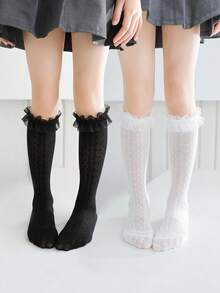 2/1 双儿童及膝袜，女孩纯色网眼袜，带蕾丝，波尔卡圆点，线条，直筒，可爱，公主风格，校服，适合日常穿着，派对，公主袜，假期，返校季，多功能，可搭配皮鞋，运动鞋，乐福鞋，开学季，学生，新学期，返校，教室 - 彩色 - 查看 7