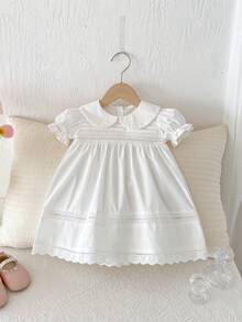 夏季少女蕾丝边镂空格纹翻领白色连衣裙 - 白色 - 查看 9