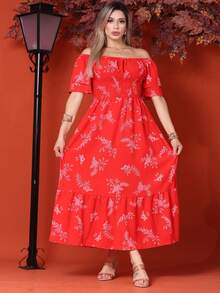 WOMEN'S LONG MIDI DRESS WITH PUFFED SLEEVES, RUFFLED, OFF-THE-SHOULDER, TRES MARIAS FLORAL - Rojo - Ver 1