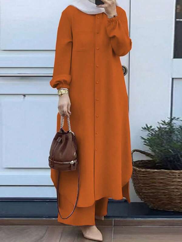 Women Elegant Casual Solid Color Button Design Long Jacket With Puff Sleeve And High Waist Wide Leg Pants Set, 2pcs Fashion Casual Graceful Arabic Style Dress Suit