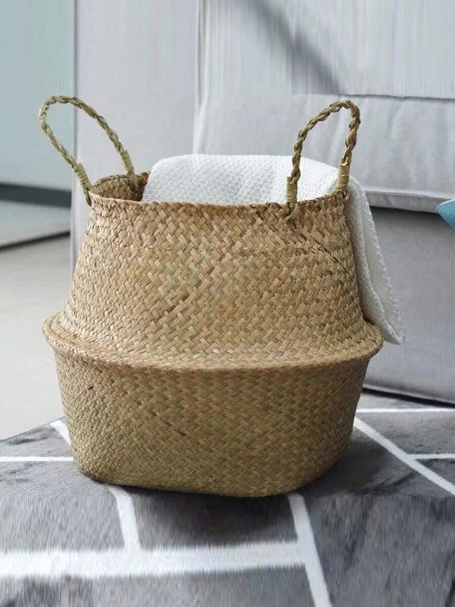 1pc Large Handmade Woven Rattan Plant Basket, Vintage Seagrass Woven Flower Pot Planter, Foldable Storage Basket For Home And Garden Decor, Indoor And Outdoor Use