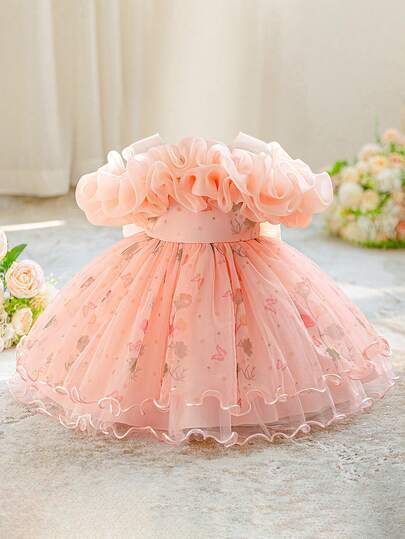 女婴无袖碎花网纱可爱花童礼服，适合一周岁生日派对、外出等场合，不含头饰