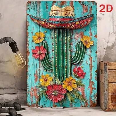 Retro Cactus Metal Tin Sign With Straw Hat | Multi-Color Floral Design | Iron Wall Decor For Indoor & Outdoor Use | Ideal For Cafe, Bar, Garden, Bedroom | Vintage Style 29.97cm X 19.99cm | Perfect Gift For Home And Special Occasions, Garden Signage | Colorful Wall Decor | Cultural Charm, Mexican Home Decor Room Decor Bedroom Decor