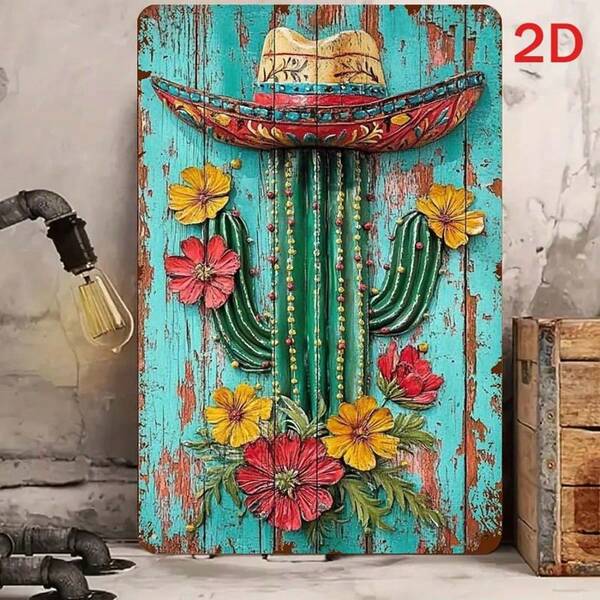 Placa de lata de metal retrô com cacto e chapéu de palha | Design floral multicolorido | Decoração de parede de ferro para uso interno e externo | Ideal para cafés, bares, jardins e quartos | Estilo vintage 29,97 cm x 19,99 cm | Presente perfeito para casa e ocasiões especiais, sinalização de jardim | Decoração de parede colorida | Charme cultural, decoração mexicana para casa, decoração de quarto