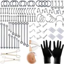 84PCS Body Septum Piercing Kit 14G 16G Tools For Nose Tongue Lip Ear Eyebrow Belly Button Cartilage Tragus Industrial Barbell Helix Daith Piercing Jewelry Clamps
