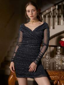 Off Shoulder Zip Back Sequins Party Dress, Elegant Long Sleeve Cocktail Semi Formal Prom Dress, For Birthday, Wedding Guest, Graduation, Dinner, Homecoming - Black - View 2