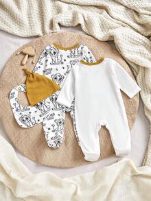 2pcs/Set Comfortable Breathable Infant Jumpsuit With Cute Lion Pattern, Contrast Color Ruffled Leg Opening, Single Breasted Design, Long Sleeve Footed Romper With Hat & Bib, Suitable For Daily Wear