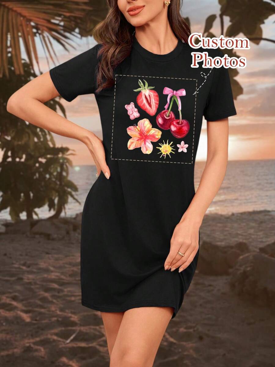 女款夏季短袖運動連身裙,可自定義照片(圖案/Logo/自拍照/寵物/家庭照等) - 黑色 - 查看 1