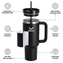 40oz Tumbler With Handle, 2-IN-1 Leak Proof Lid (Straw/Flip), Insulated Water Bottle, Stainless Steel Tumbler With Non-Slip Silicone, Wide Mouth Travel Mug Cupholder Friendly Dishwasher Safe - Black - View 5